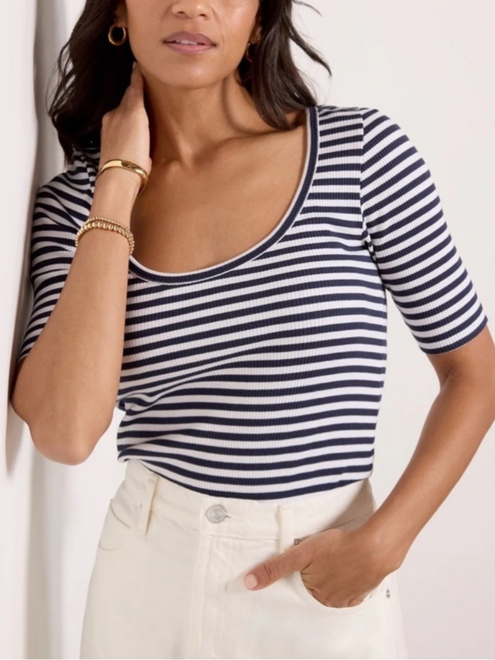 FAHERTY Rib Knit Scoop Neck Striped Top XS